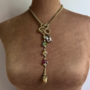 Vtg Gerard Yosca Snake Necklace Rhinestone Lariat Drop 6" Signed 16-19" 80/90s